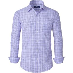 imageJVER Mens Button Down Shirts Long Sleeve Dress Shirt Business Casual Cotton Collared Plaid Tops with PocketBlue Red Gingham