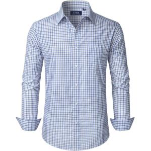 imageJVER Mens Button Down Shirts Long Sleeve Dress Shirt Business Casual Cotton Collared Plaid Tops with PocketBlue Yellow