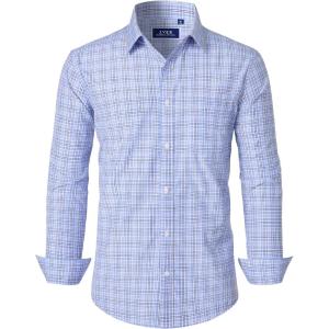 imageJVER Mens Button Down Shirts Long Sleeve Dress Shirt Business Casual Cotton Collared Plaid Tops with PocketBlue Yellow Gingham