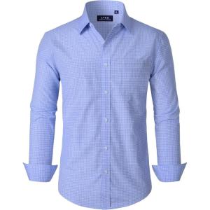 imageJVER Mens Button Down Shirts Long Sleeve Dress Shirt Business Casual Cotton Collared Plaid Tops with PocketDark Blue Gingham