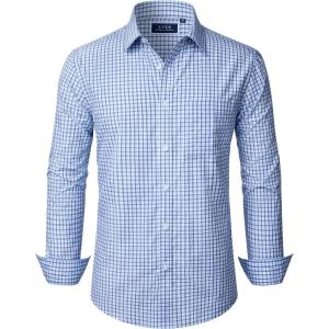 imageJVER Mens Button Down Shirts Long Sleeve Dress Shirt Business Casual Cotton Collared Plaid Tops with PocketLight Blue