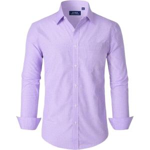 imageJVER Mens Button Down Shirts Long Sleeve Dress Shirt Business Casual Cotton Collared Plaid Tops with PocketPurple Gingham