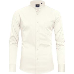 imageJVER Mens Banded Collar Dress Shirt Mandarin Long Sleeve Button Down Shirts Stretch Collarless Tops with PocketBeige Khaki