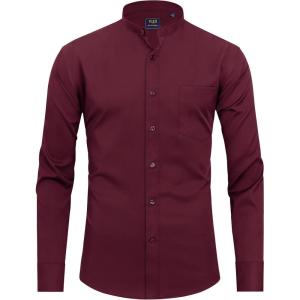 imageJVER Mens Banded Collar Dress Shirt Mandarin Long Sleeve Button Down Shirts Stretch Collarless Tops with PocketBurgundy