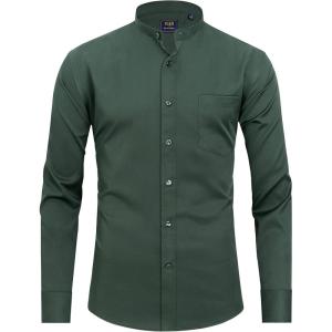 imageJVER Mens Banded Collar Dress Shirt Mandarin Long Sleeve Button Down Shirts Stretch Collarless Tops with PocketDark Green