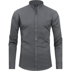 imageJVER Mens Banded Collar Dress Shirt Mandarin Long Sleeve Button Down Shirts Stretch Collarless Tops with PocketDark Grey