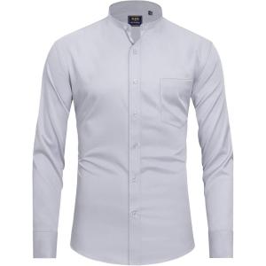 imageJVER Mens Banded Collar Dress Shirt Mandarin Long Sleeve Button Down Shirts Stretch Collarless Tops with PocketLight Grey