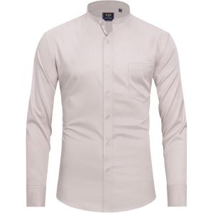 imageJVER Mens Banded Collar Dress Shirt Mandarin Long Sleeve Button Down Shirts Stretch Collarless Tops with PocketLight Khaki