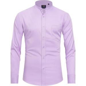 imageJVER Mens Banded Collar Dress Shirt Mandarin Long Sleeve Button Down Shirts Stretch Collarless Tops with PocketLight Purple