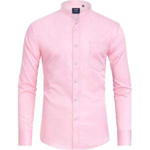 imageJVER Mens Banded Collar Dress Shirt Mandarin Long Sleeve Button Down Shirts Stretch Collarless Tops with PocketPink