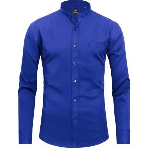 imageJVER Mens Banded Collar Dress Shirt Mandarin Long Sleeve Button Down Shirts Stretch Collarless Tops with PocketRoyal Blue