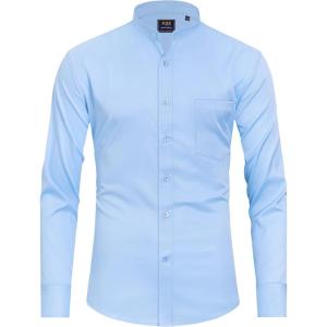 imageJVER Mens Banded Collar Dress Shirt Mandarin Long Sleeve Button Down Shirts Stretch Collarless Tops with PocketSky Blue