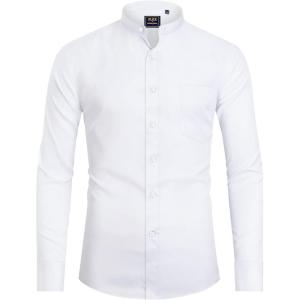 imageJVER Mens Banded Collar Dress Shirt Mandarin Long Sleeve Button Down Shirts Stretch Collarless Tops with PocketWhite