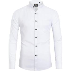 imageJVER Mens Banded Collar Dress Shirt Mandarin Long Sleeve Button Down Shirts Stretch Collarless Tops with PocketWhite Black