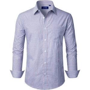 imageJVER Mens Button Down Shirts Long Sleeve Dress Shirt Business Casual Cotton Collared Plaid Tops with PocketBlue Red Plaid