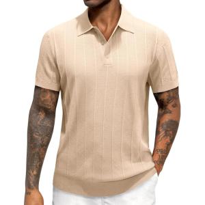 imageJVER Polo Shirts for Men Short Sleeve Ribbed Textured Knit Shirt Stretch Casual Golf TopsBeige