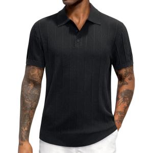 imageJVER Polo Shirts for Men Short Sleeve Ribbed Textured Knit Shirt Stretch Casual Golf TopsBlack