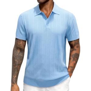imageJVER Polo Shirts for Men Short Sleeve Ribbed Textured Knit Shirt Stretch Casual Golf TopsBlue