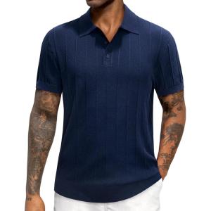 imageJVER Polo Shirts for Men Short Sleeve Ribbed Textured Knit Shirt Stretch Casual Golf TopsNavy Blue