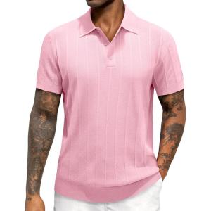 imageJVER Polo Shirts for Men Short Sleeve Ribbed Textured Knit Shirt Stretch Casual Golf TopsPink