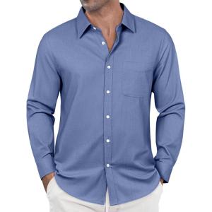 imageJVER Blue Dress Shirt Men Long Sleeve Stretch Oxford Shirts Solid Casual Button Down Shirts with Pocket L