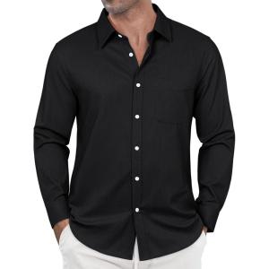 imageJVER Oxford Shirts for Men Stretch Button Down Shirts Solid Casual Long Sleeve Dress Shirts with PocketBlack