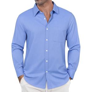 imageJVER Oxford Shirts for Men Stretch Button Down Shirts Solid Casual Long Sleeve Dress Shirts with PocketBlue