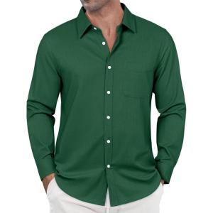 imageJVER Oxford Shirts for Men Stretch Button Down Shirts Solid Casual Long Sleeve Dress Shirts with PocketGreen