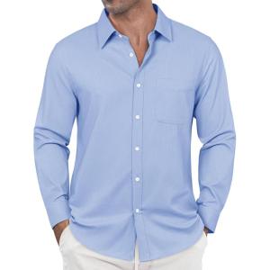 imageJVER Oxford Shirts for Men Stretch Button Down Shirts Solid Casual Long Sleeve Dress Shirts with PocketLight Blue