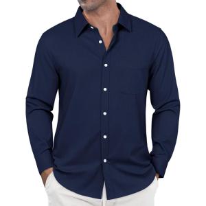 imageJVER Oxford Shirts for Men Stretch Button Down Shirts Solid Casual Long Sleeve Dress Shirts with PocketNavy Blue