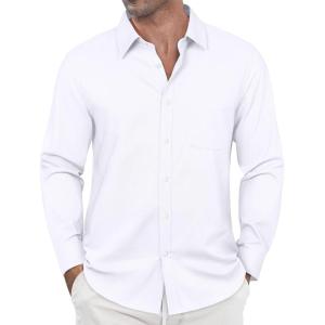 imageJVER Oxford Shirts for Men Stretch Button Down Shirts Solid Casual Long Sleeve Dress Shirts with PocketWhite