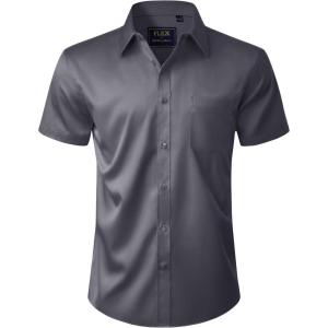 imageJVER Mens Short Sleeve Dress Shirts Stretch Casual Button Down Shirts with Pocket for Business WeddingDark Grey