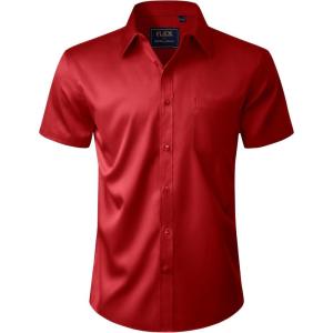 imageJVER Mens Short Sleeve Dress Shirts Stretch Casual Button Down Shirts with Pocket for Business WeddingRed