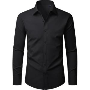 imageJVER Mens Dress Shirts Long Sleeve Solid Formal Shirt Stretch Business Casual Wedding Button Down ShirtsBlack