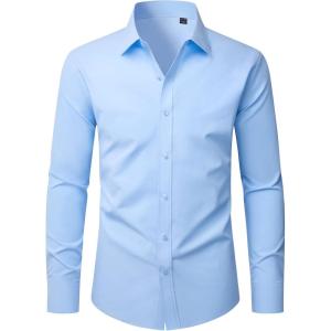 imageJVER Mens Dress Shirts Long Sleeve Solid Formal Shirt Stretch Business Casual Wedding Button Down ShirtsBlue