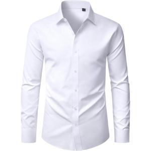 imageJVER Mens Dress Shirts Long Sleeve Solid Formal Shirt Stretch Business Casual Wedding Button Down ShirtsWhite