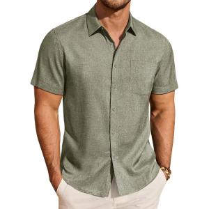image:imageJVER Mens Button Down Short Sleeve Shirts Summer Beach Vacation Untucked Casual Tops Wrinkle Resistant Linen ShirtArmy Green