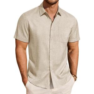 image:imageJVER Mens Button Down Short Sleeve Shirts Summer Beach Vacation Untucked Casual Tops Wrinkle Resistant Linen ShirtBeige