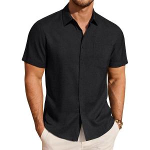 image:imageJVER Mens Button Down Short Sleeve Shirts Summer Beach Vacation Untucked Casual Tops Wrinkle Resistant Linen ShirtBlack