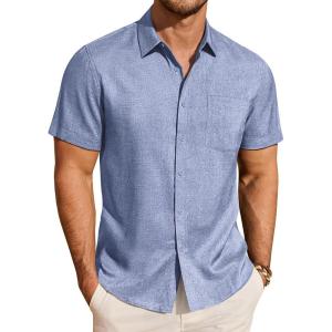image:imageJVER Mens Button Down Short Sleeve Shirts Summer Beach Vacation Untucked Casual Tops Wrinkle Resistant Linen ShirtBlue