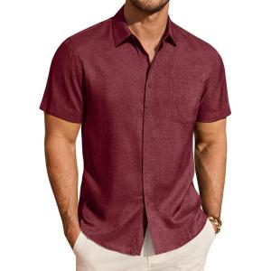 image:imageJVER Mens Button Down Short Sleeve Shirts Summer Beach Vacation Untucked Casual Tops Wrinkle Resistant Linen ShirtBurgundy