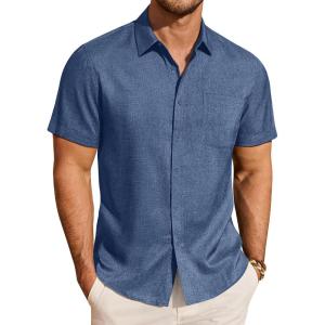 image:imageJVER Mens Button Down Short Sleeve Shirts Summer Beach Vacation Untucked Casual Tops Wrinkle Resistant Linen ShirtDark Blue