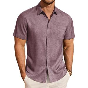 image:imageJVER Mens Button Down Short Sleeve Shirts Summer Beach Vacation Untucked Casual Tops Wrinkle Resistant Linen ShirtDark Red
