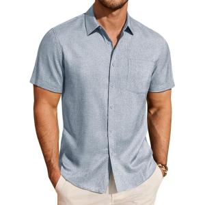 image:imageJVER Mens Button Down Short Sleeve Shirts Summer Beach Vacation Untucked Casual Tops Wrinkle Resistant Linen ShirtDusty Blue