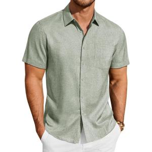 image:imageJVER Mens Button Down Short Sleeve Shirts Summer Beach Vacation Untucked Casual Tops Wrinkle Resistant Linen ShirtGreen