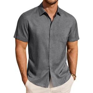 image:imageJVER Mens Button Down Short Sleeve Shirts Summer Beach Vacation Untucked Casual Tops Wrinkle Resistant Linen ShirtGrey
