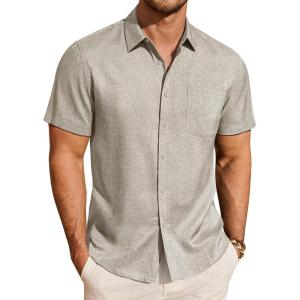 image:imageJVER Mens Button Down Short Sleeve Shirts Summer Beach Vacation Untucked Casual Tops Wrinkle Resistant Linen ShirtKhaki