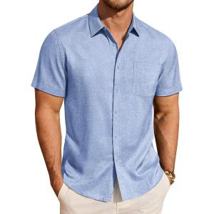 image:imageJVER Mens Button Down Short Sleeve Shirts Summer Beach Vacation Untucked Casual Tops Wrinkle Resistant Linen ShirtLight Blue