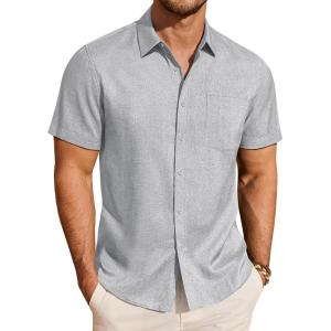 image:imageJVER Mens Button Down Short Sleeve Shirts Summer Beach Vacation Untucked Casual Tops Wrinkle Resistant Linen ShirtLight Grey