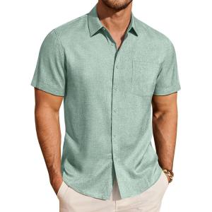 image:imageJVER Mens Button Down Short Sleeve Shirts Summer Beach Vacation Untucked Casual Tops Wrinkle Resistant Linen ShirtMint Green